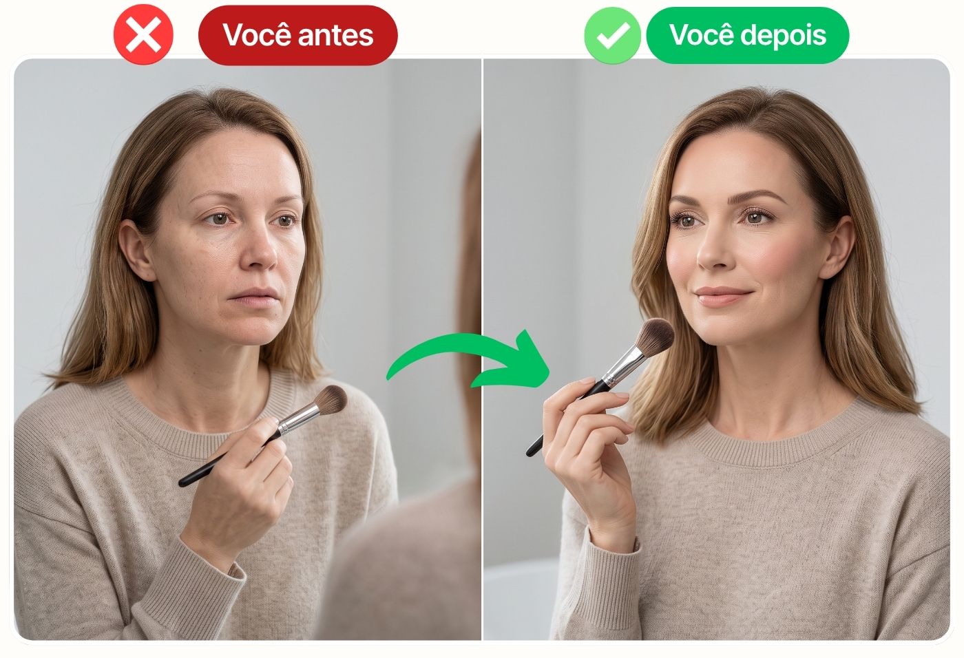 Antes e depois: mulher insegura sem maquiagem e, depois, maquiada e confiante