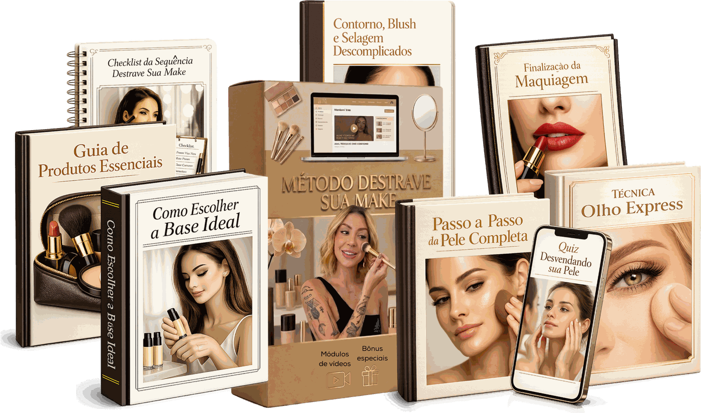 Mockup completo do curso Destrave Sua Make com todos os módulos e bônus