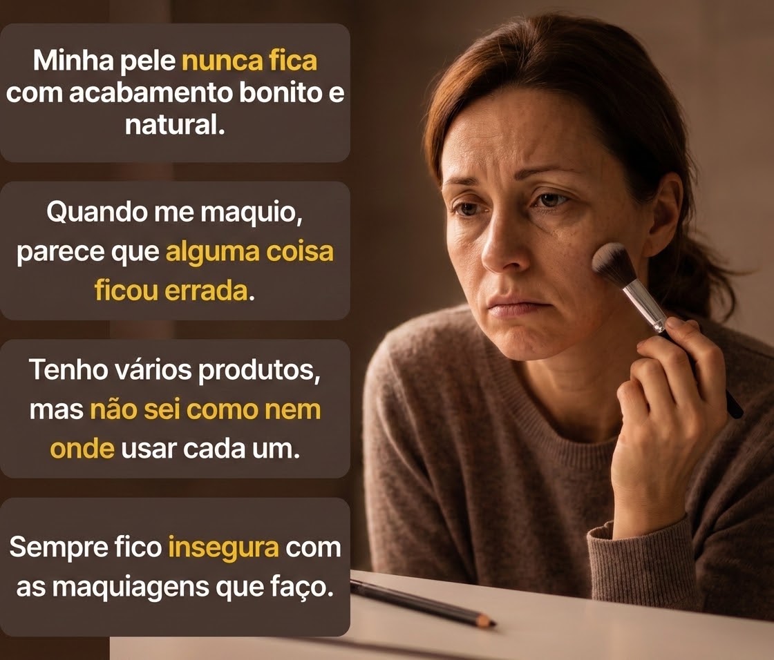Mulher insegura com sua maquiagem e pensamentos recorrentes sobre não saber usar seus produtos